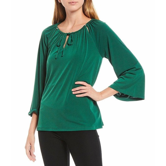 MICHAEL Michael Kors Solid Lux Matte Jersey Keyhole Tie Detail Peasant Top - L - Picture 2 of 2